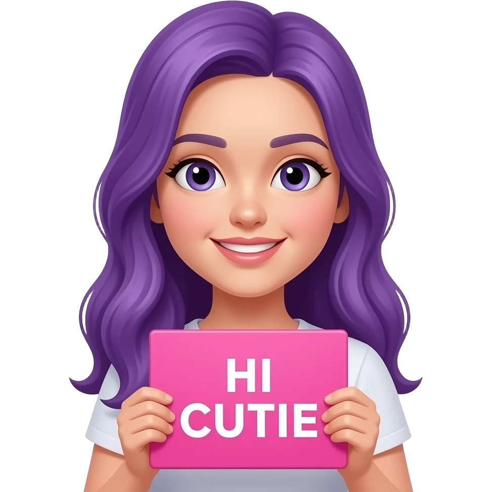 girl with long purple hair holding a HI CUTIE sign emoji