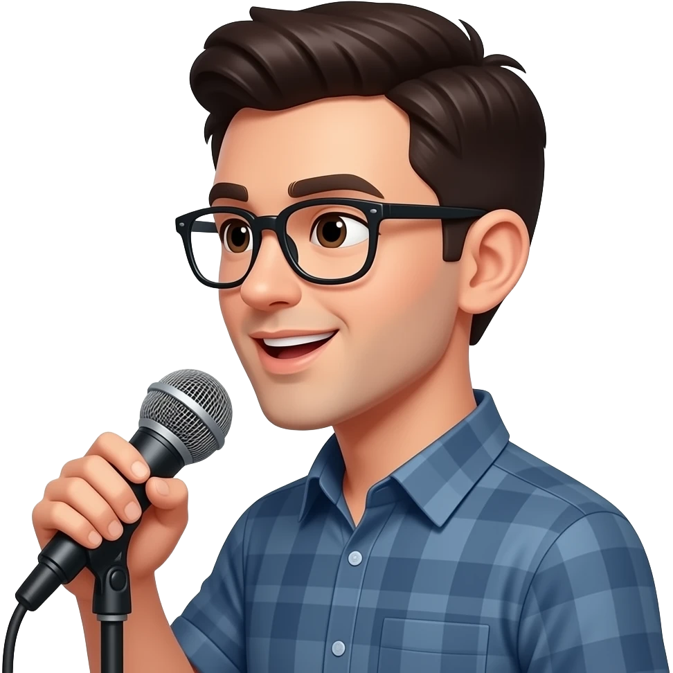 Молодой парень, темноволосый в очках стоит в профиль и говорит что-то в микрофон emoji