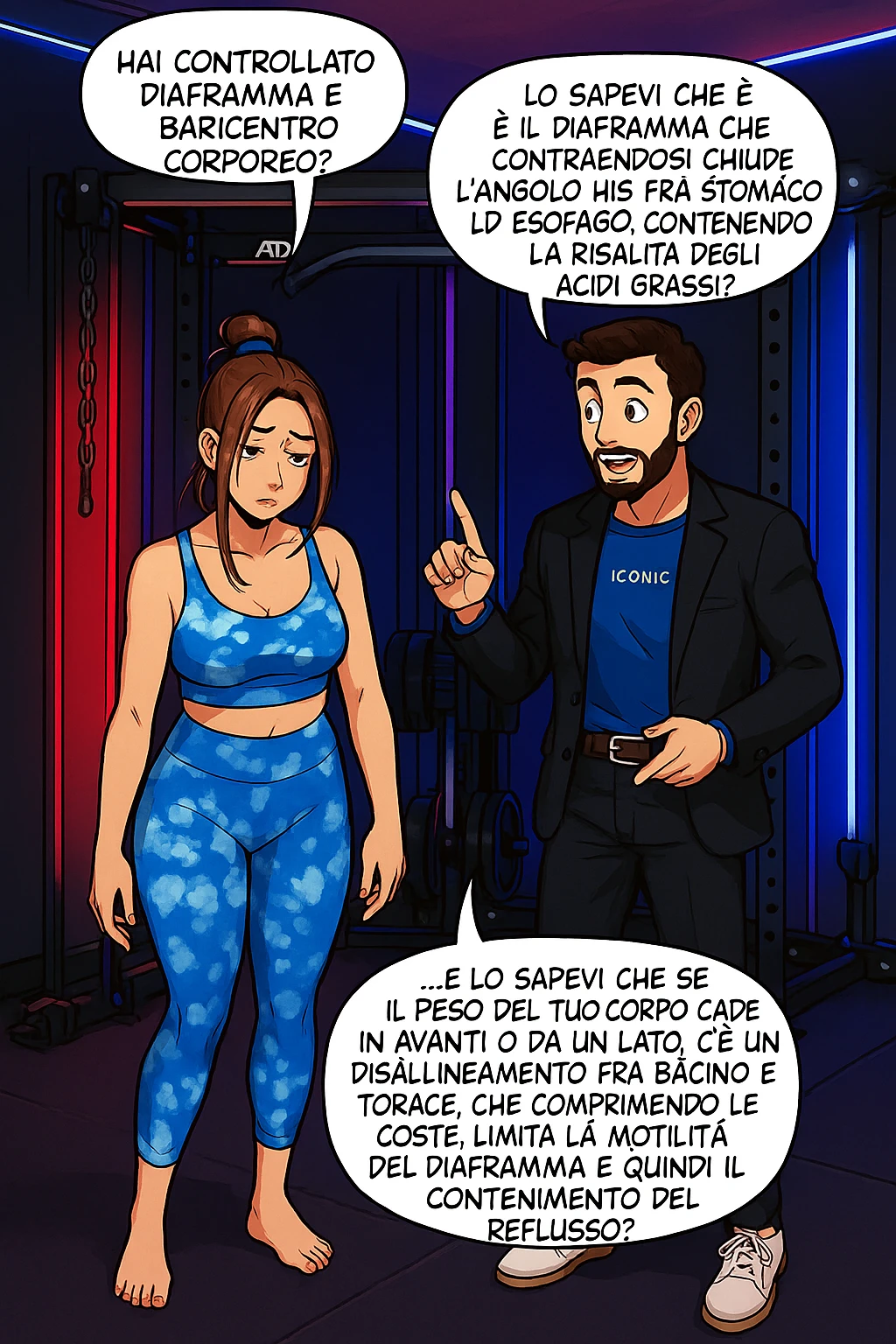 TRASFORMA QUESTO CAROSELLO IN UN FUMETTO STILE WEBTOON/MANGA A COLORI CON QUESTE DUE PERSONE IDENTICHE CHE INTERLOQUISCONO TRA LORO, L'uomo sta spiegando alla donna questo concetto:

LUI (UOMO): Hai controllato diaframma e baricentro corporeo?
LUI (UOMO): Lo sapevi che è il diaframma che contraendosi chiude l’angolo his fra stomaco ed esofago, contenendo la risalita degli acidi grassi?
LUI (UOMO): …e lo sapevi che se il peso del tuo corpo cade in avanti o da un lato, c’è un disallineamento fra bacino e torace, che comprimendo le coste, limita la motilità del diaframma e quindi il contenimento del reflusso? emoji