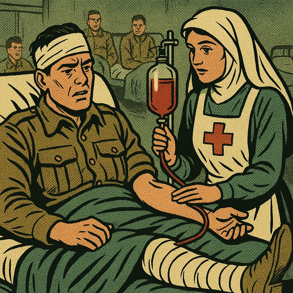 A world war one British soldier in an army hospital bed.  The soldier has a bandage around his head, with a splint on one of his legs.  He is also being given a blood transfusion from an army hospital nurse. In the background are other injured soldiers.  The main colour of the image is khaki and greens emoji