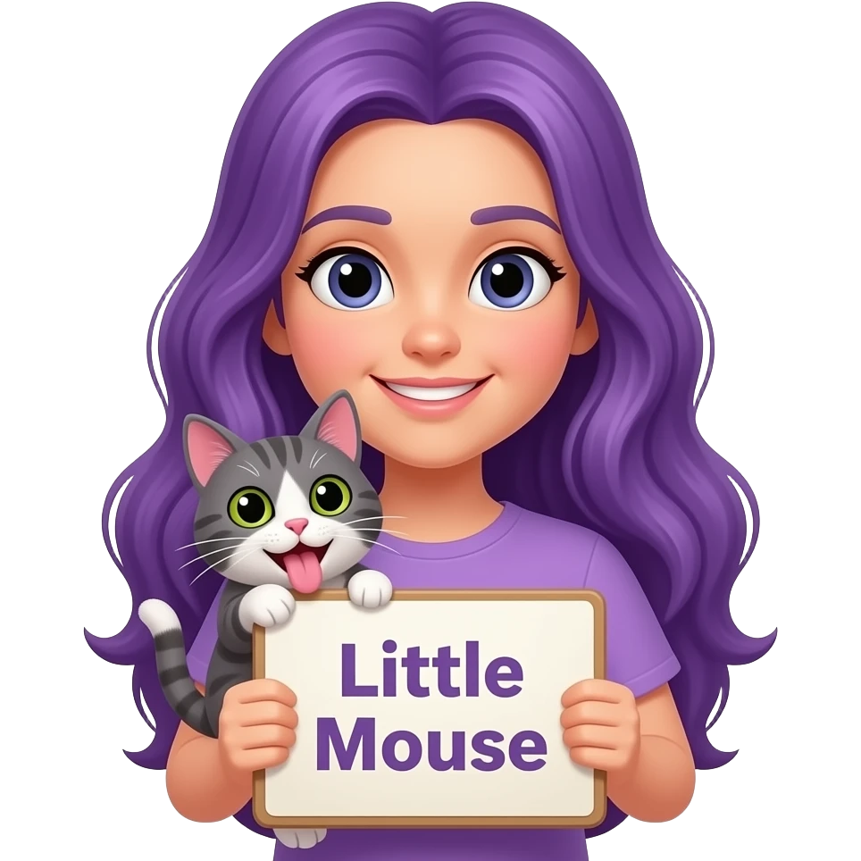 girl with long purple hair holding a CAT got your tongue, LITTLE MOUSE sign emoji