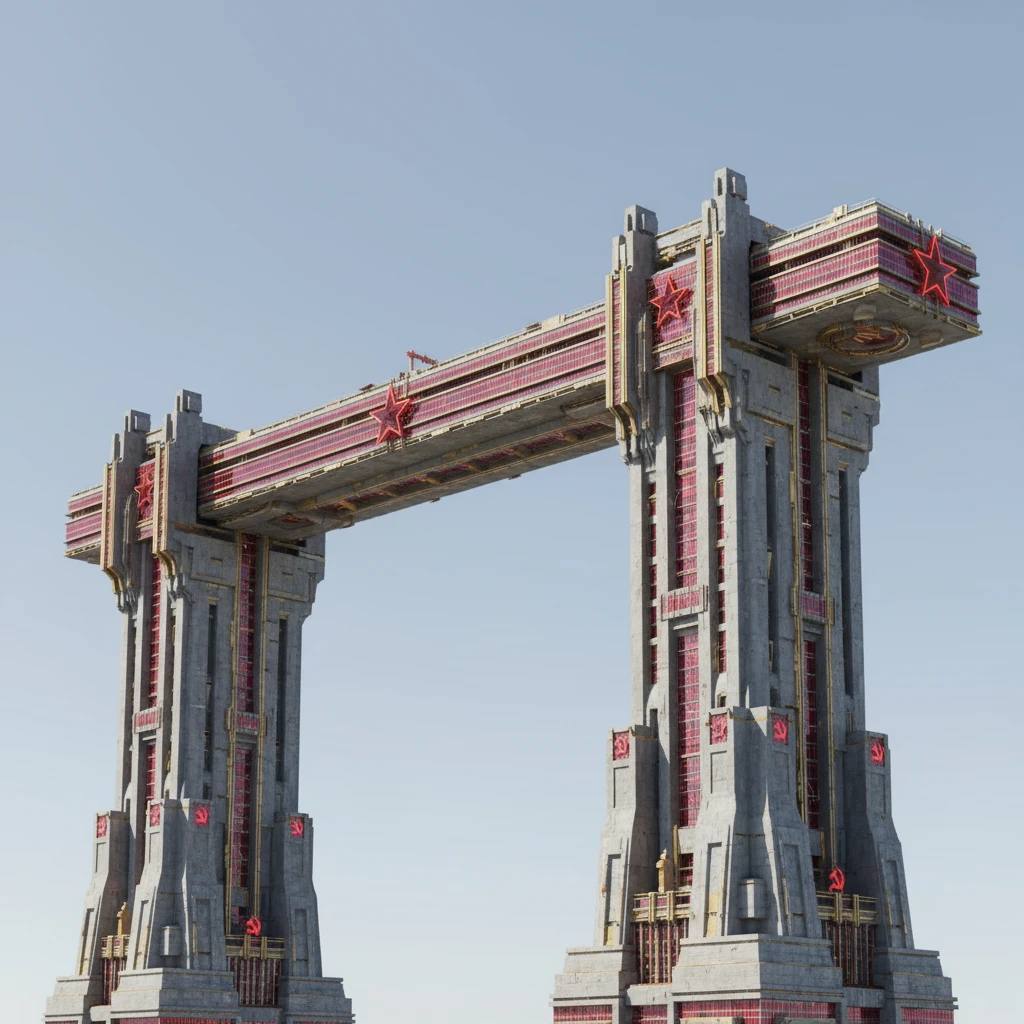 Небоскреб как будто из альтернативного СССР будущего. Два высоких небоскреба в основании, стоят далеко друг от друга, как. На них лежит огромный горизонтальный небоскреб, очень длинный в обе стороны.

Все остальное убери, облака не нужны. Фотореализм. Абсолютно прозрачный фон emoji