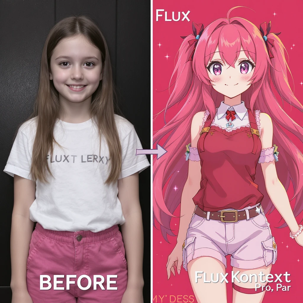 create before after image of a girl before is realsitic photo, after is anime version of her in same pose and clothes, add logo with text of a "FLUX Kontext Pro" emoji