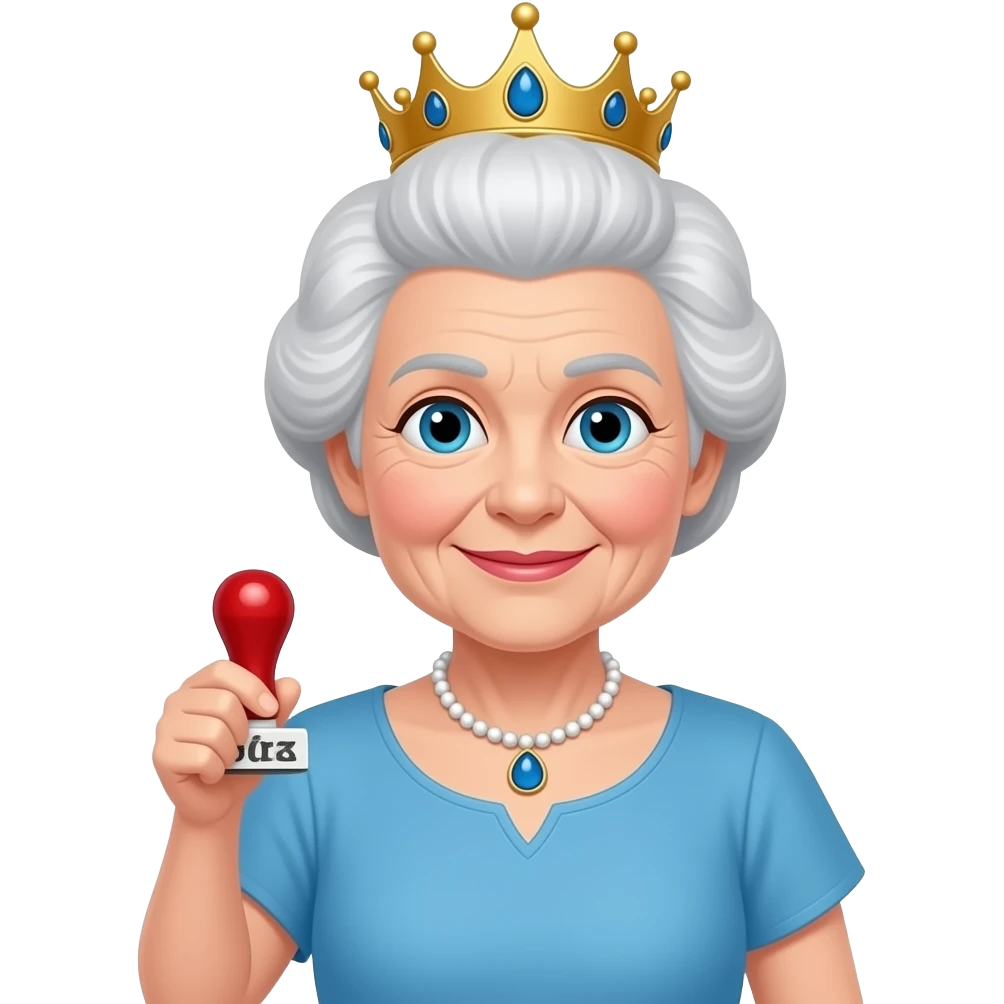 queen old with white hair blue dress red stamp emoji