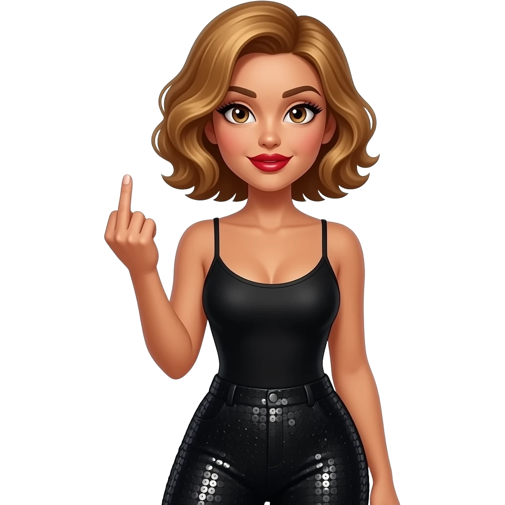 glamours,-tanned,-very-beautiful-woman-with-big-plump-red-lips,-long-long-lashes,-honey-silky-very short- hair,-wavy-hair,-hazel-eyes- wearing-black-bodysuit-and-black-sequinned-pants-black-and-sticking-up-middle-finger-waist-up emoji