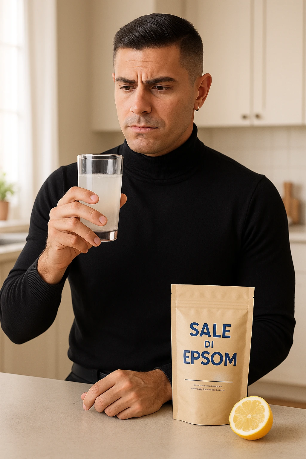A realistic, bright photo-style image of a young man in his 30s standing in his kitchen, holding a clear glass filled with water in which Epsom salt (magnesium sulfate) has been dissolved. He looks focused but slightly uncertain as he prepares to drink it for a liver flush or digestive cleanse. The glass shows slight cloudiness from the dissolved salt. On the counter are a packet labeled 'Sale di Epsom' and a sliced lemon, suggesting he might use it to mask the taste. The setting is clean, natural, and bright with neutral tones. The background shows sunlight streaming through a window, emphasizing a clean, minimalist health-focused environment. The mood conveys a realistic, calm moment of self-care with a hint of discomfort, illustrating a natural detox practice in italiano emoji