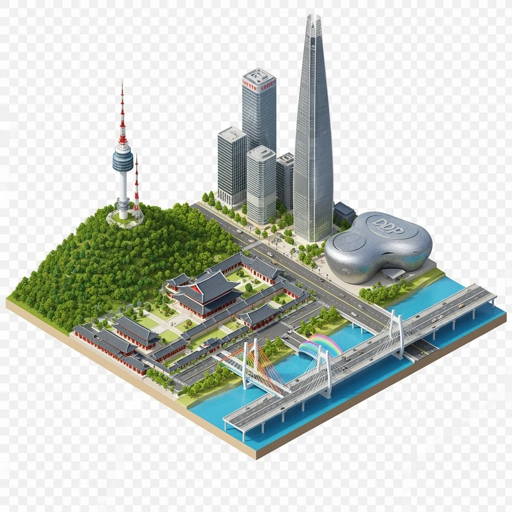 Isometric diorama of Seoul Namsan Seoul Tower, Gyeongbokgung Palace, Lotte World Tower, Dongdaemun Design Plaza, and Han River bridges, 3D miniature effect and Tilt Shift effect, no cartoonish look, transparent background. emoji