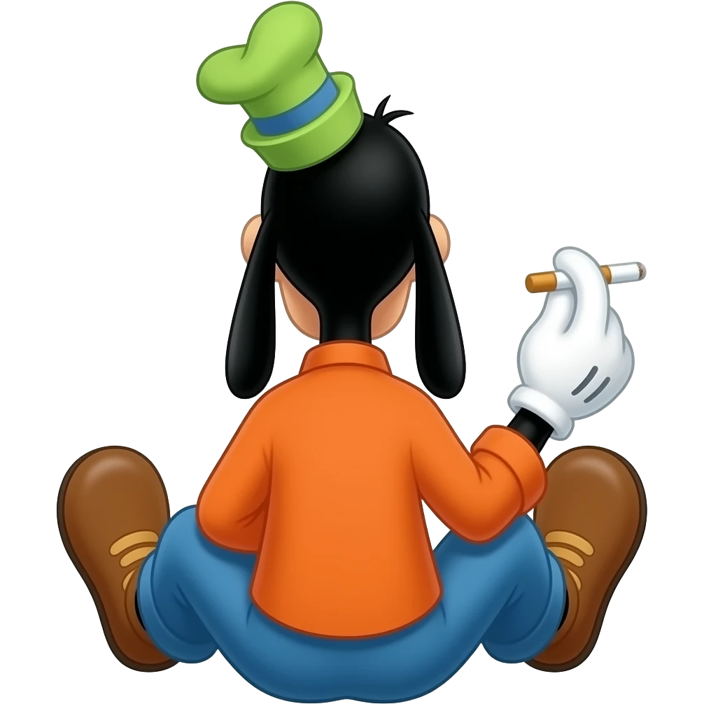 Goofy from Disney sitting down from behind Smoking a blunt emoji