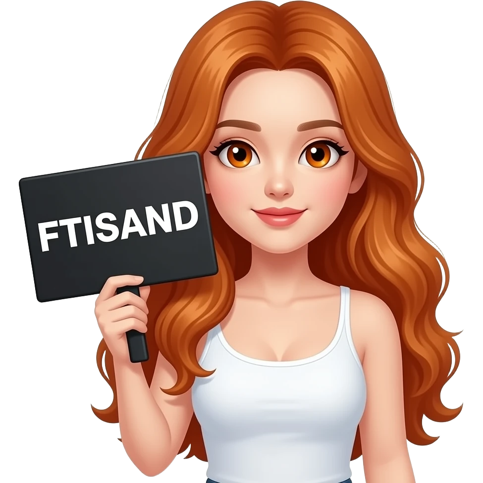 sexy girl with long wavy ginger hair and ginger eyes wearing a white tanktop is holding a black colored sign with FTISLAND written on it emoji