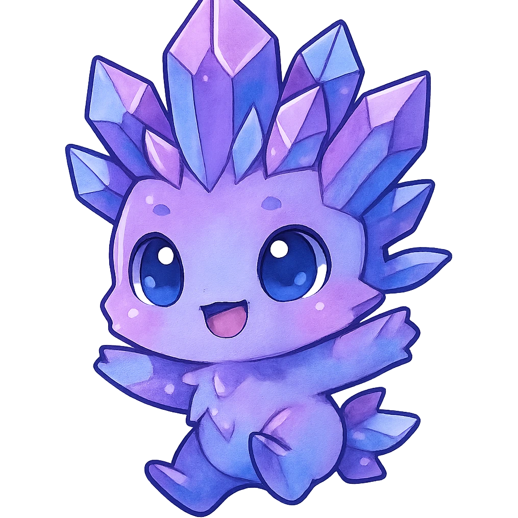 chibi kawaii crystal sprite creature in purple, blue, and pink colors, jumping pose, cute and adorable emoji