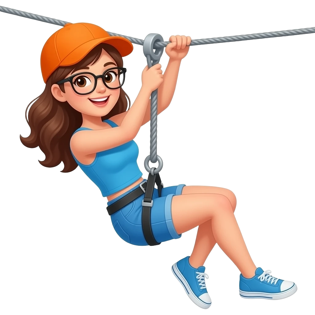 Lady hanging at the zipline wearing blue Top, Blue Short and Orrange Cap , she has eyeglasses emoji