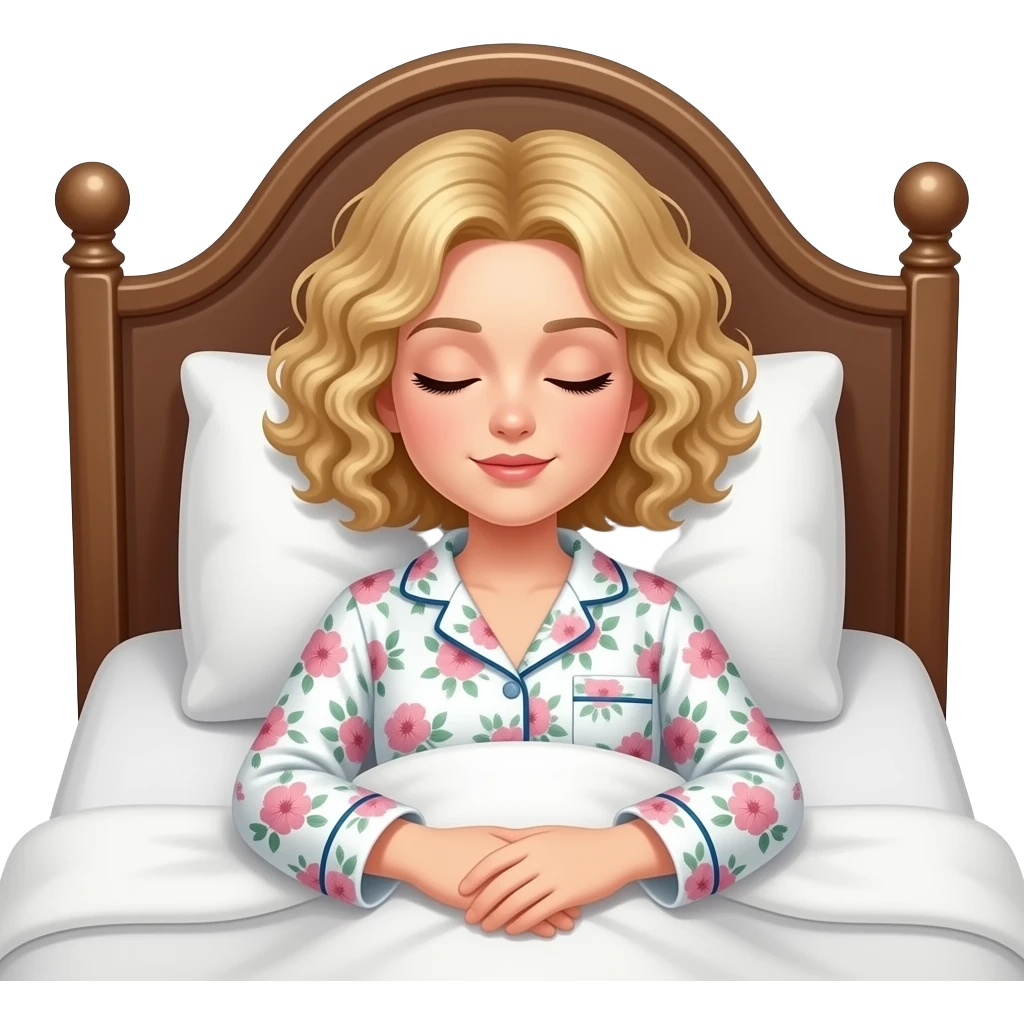 blonde tight curly hair in a short bob sleeping on an Victorian bed with floral pjs emoji