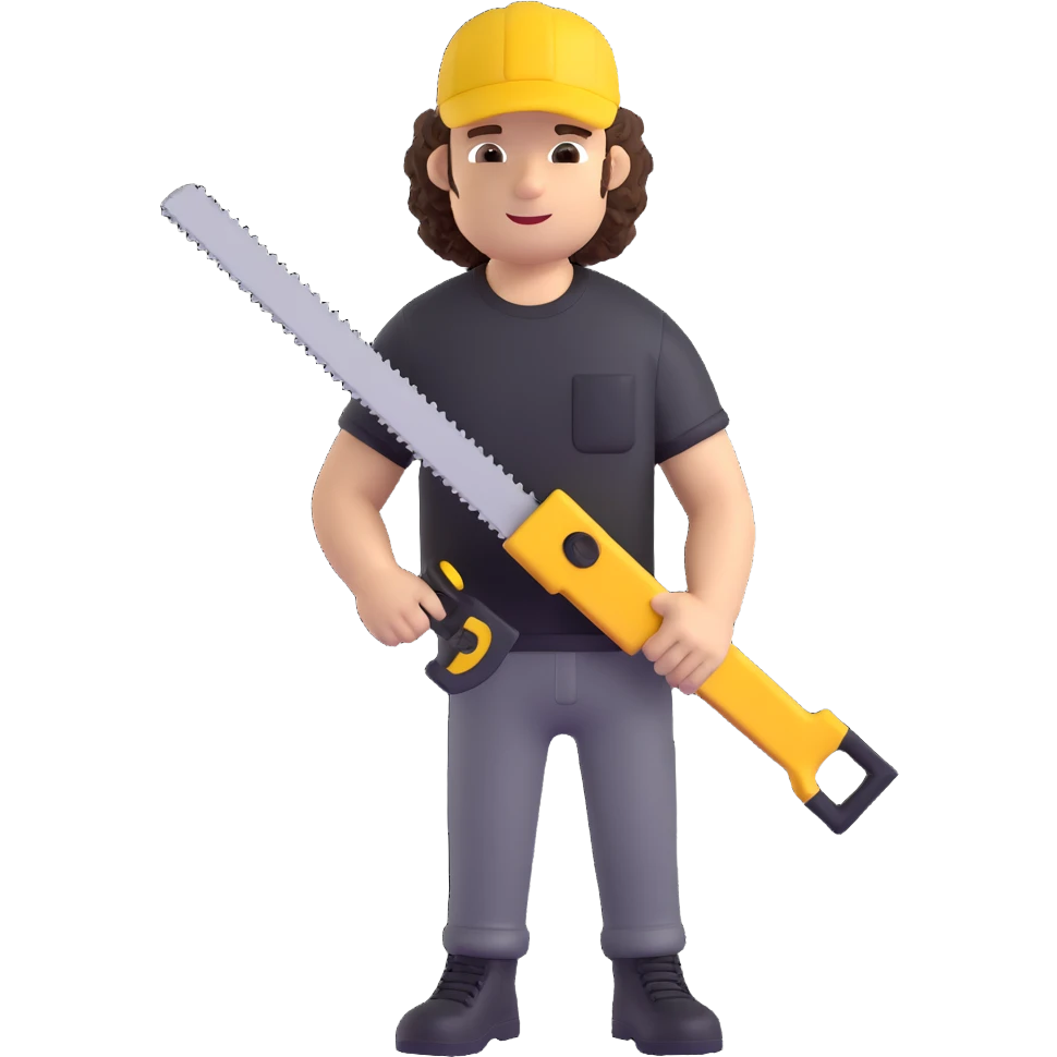 create a character with a saw, cute guy, curly, in a black t-shirt and a yellow cap, in 3d emoji