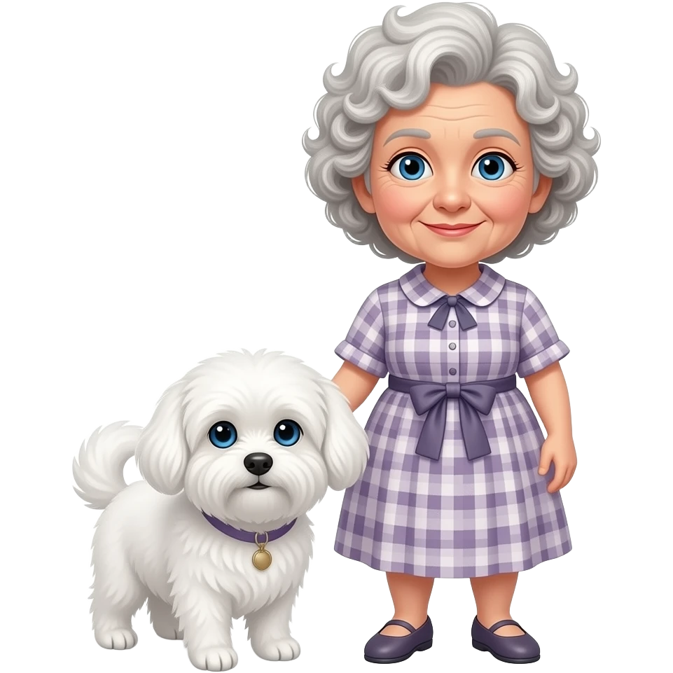 Elder woman curly hair blue eyes standig with a white Maltese dog emoji