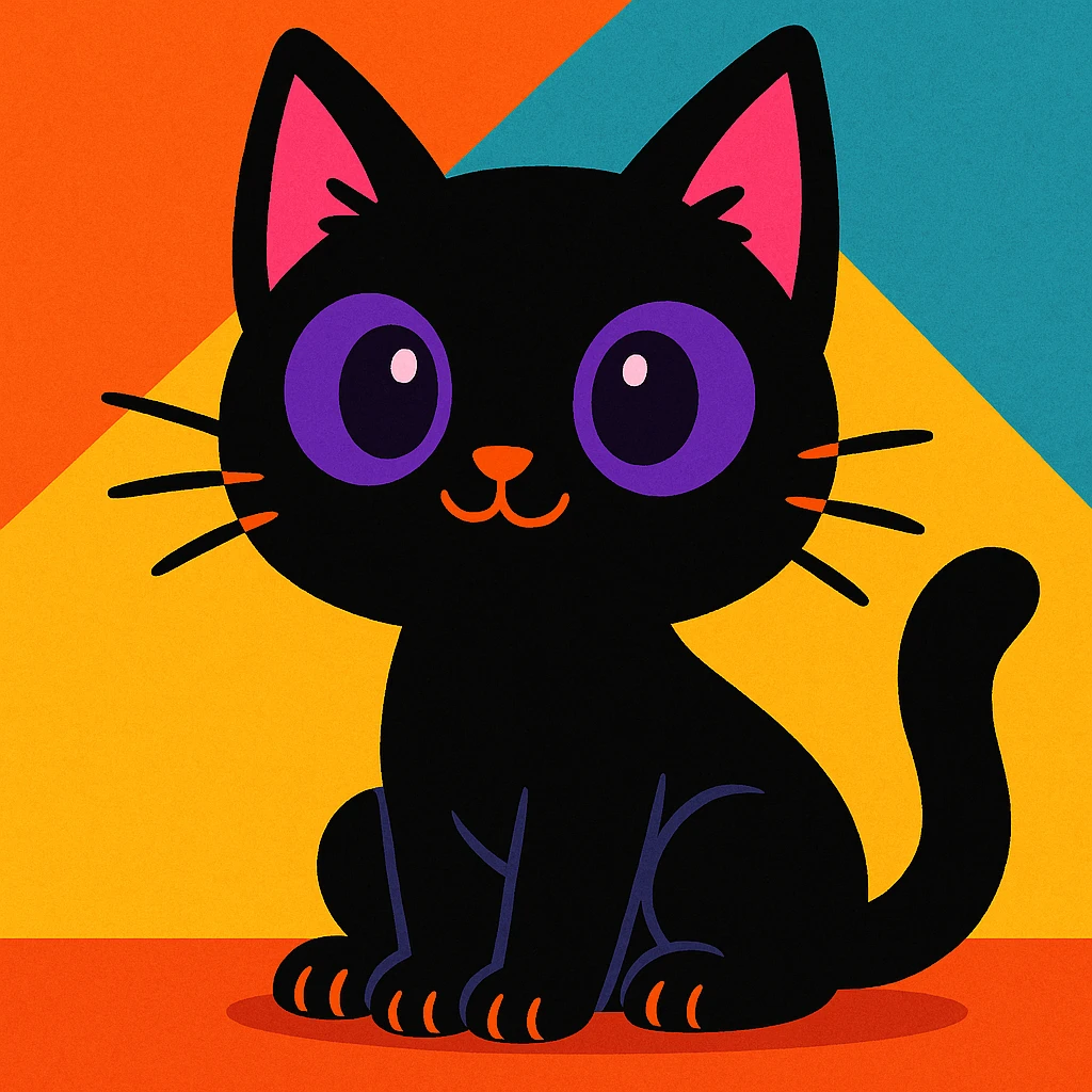 cute black cat with purple eyes, vibrant toon style emoji