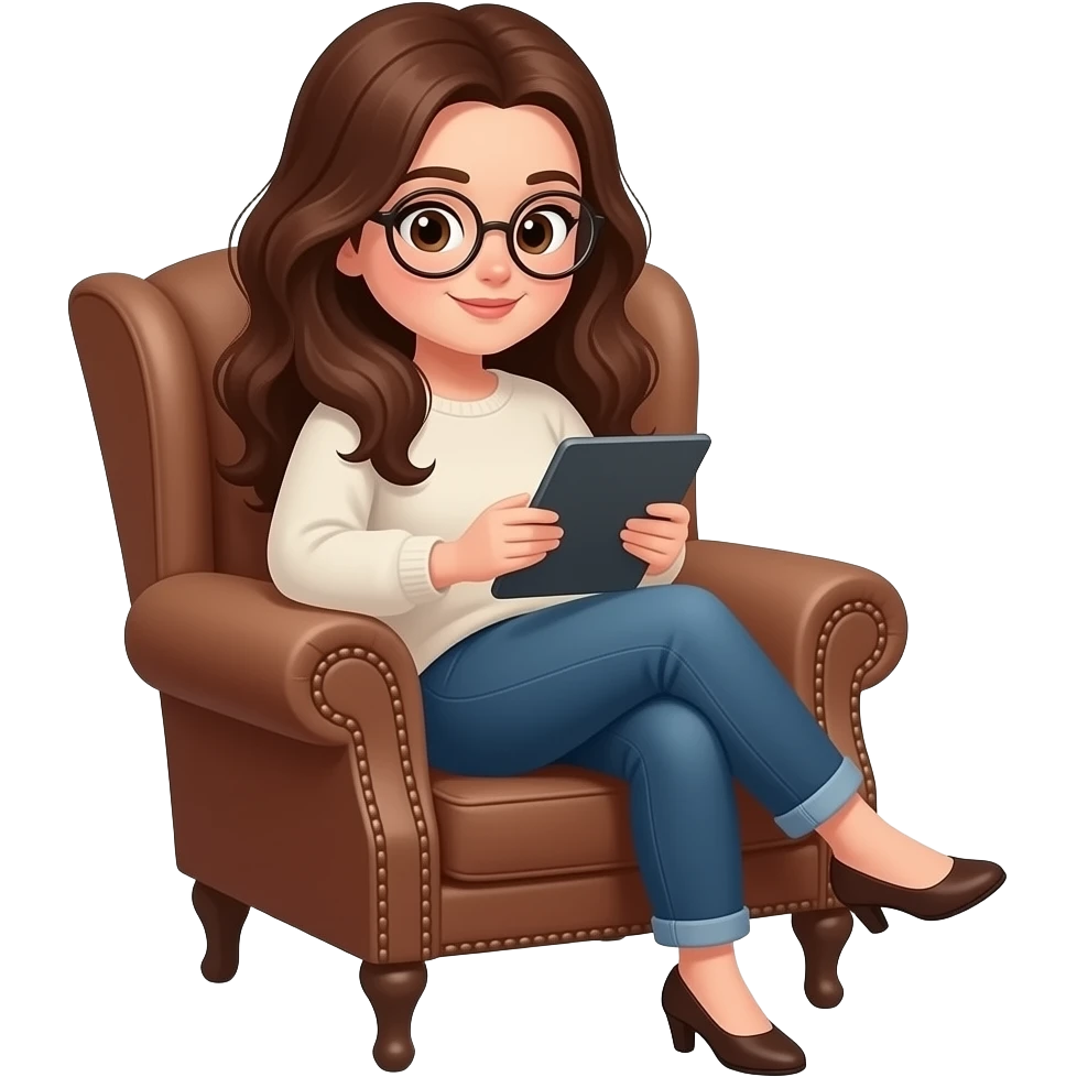 detailed emoji illustration of a curvy woman with long chestnut brown wavy hair, light brown eyes and round glasses sitting in a brown vintage armchair while reading on an e-reader tablet, cozy reading atmosphere, cute emoji style emoji