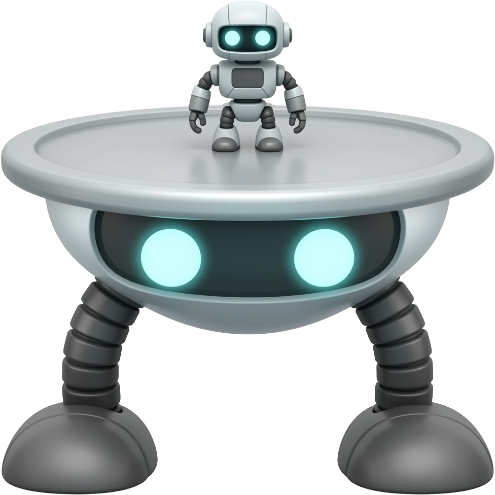 A platform with 2 legs facing forward with glowing white eyes and with no arms and also big carrying a tiny robot emoji