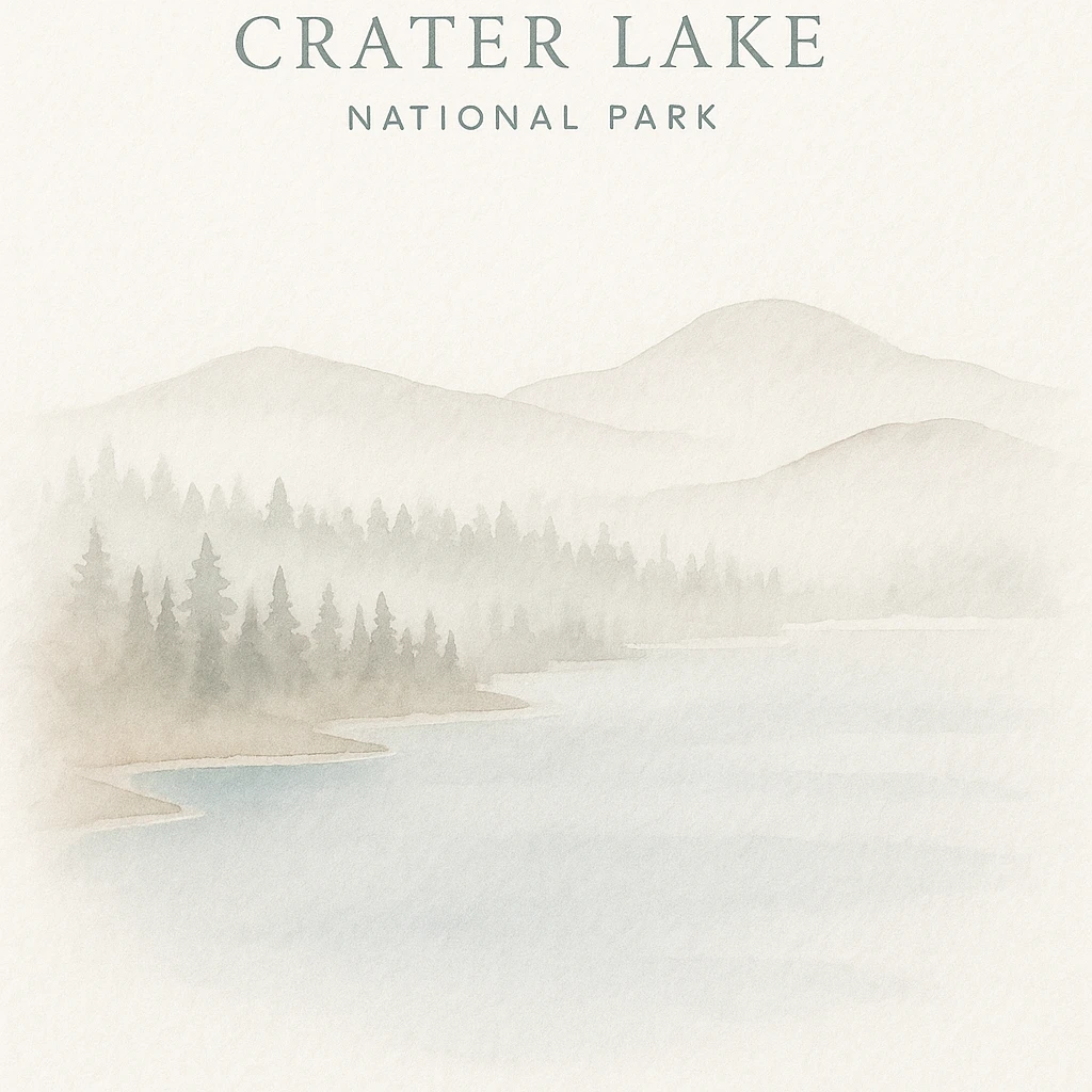 Crater Lake National Park, watercolor style, soft blue lake, misty pine forests, gentle mountains, tranquil atmosphere emoji
