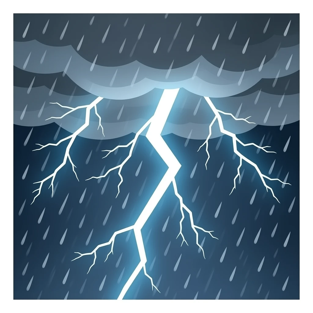 A bad thunderstorm with lightening strikes, dark ominous clouds and and white hail the size of golf balls raining down from the sky emoji