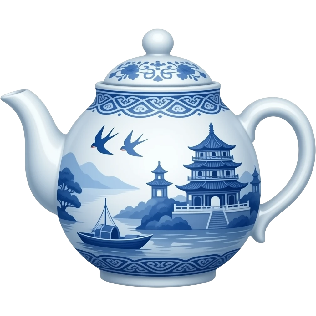 chinoiserie blue willow china pattern teapot with a boat, pagodas and two swallows emoji