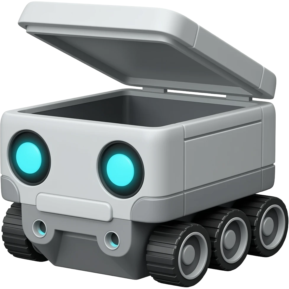 Gray rectangle with 6 wheels and a circle led shows robot eyes and a opening lid emoji