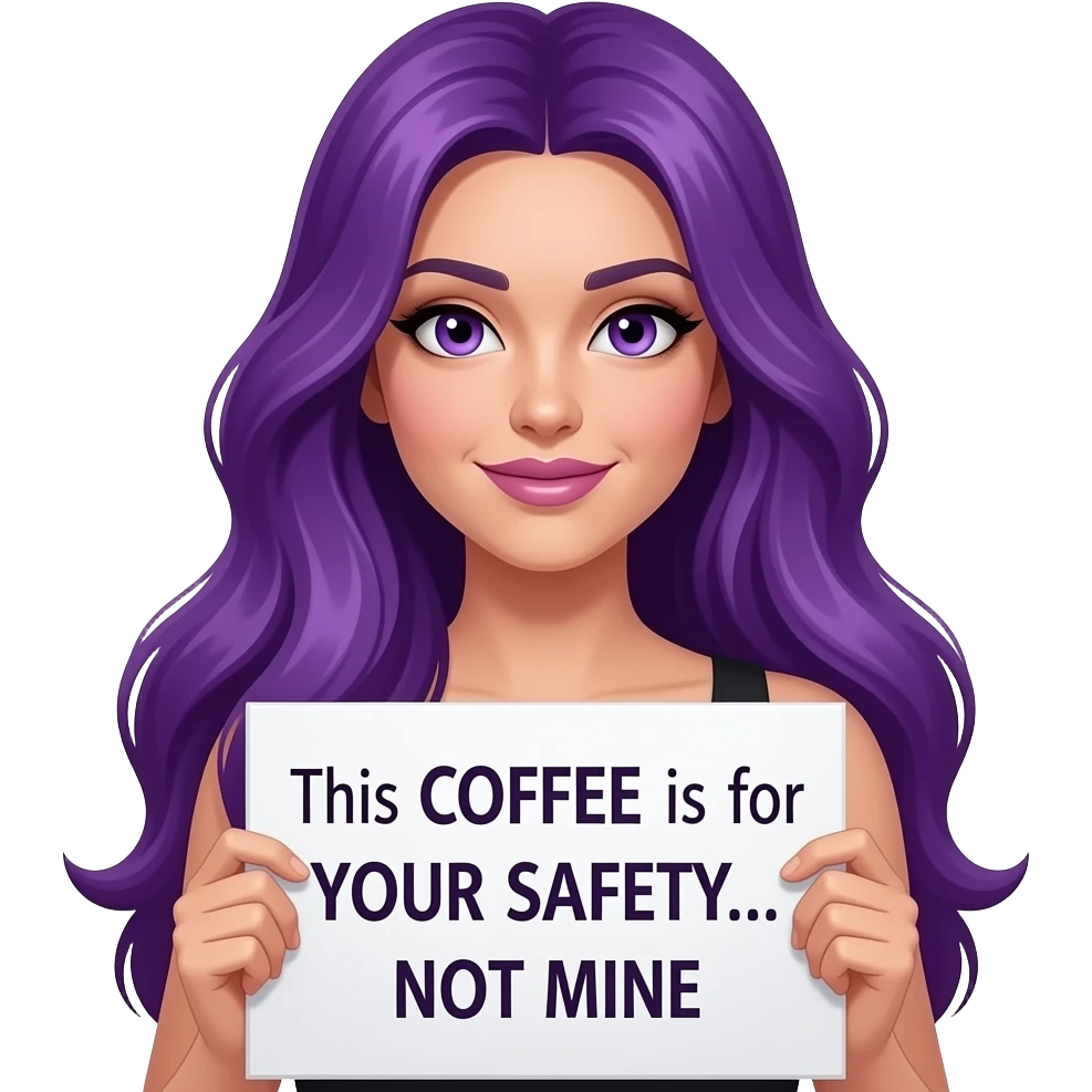 sexy girl with long purple hair and purple eyes holding a This COFFEE is for YOUR SAFETY... NOT MINE sign emoji