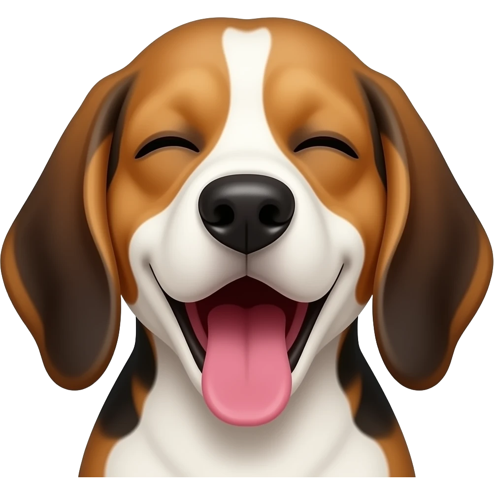 Cinematic Cute Yawning bi-Color Beagle Portrait Emoji, Head tilted slightly with a dramatic, wide-open yawn, showcasing a soft tri-color coat of white, brown, and black, floppy ears slightly drooping, round hazel eyes barely open in drowsy contentment emoji