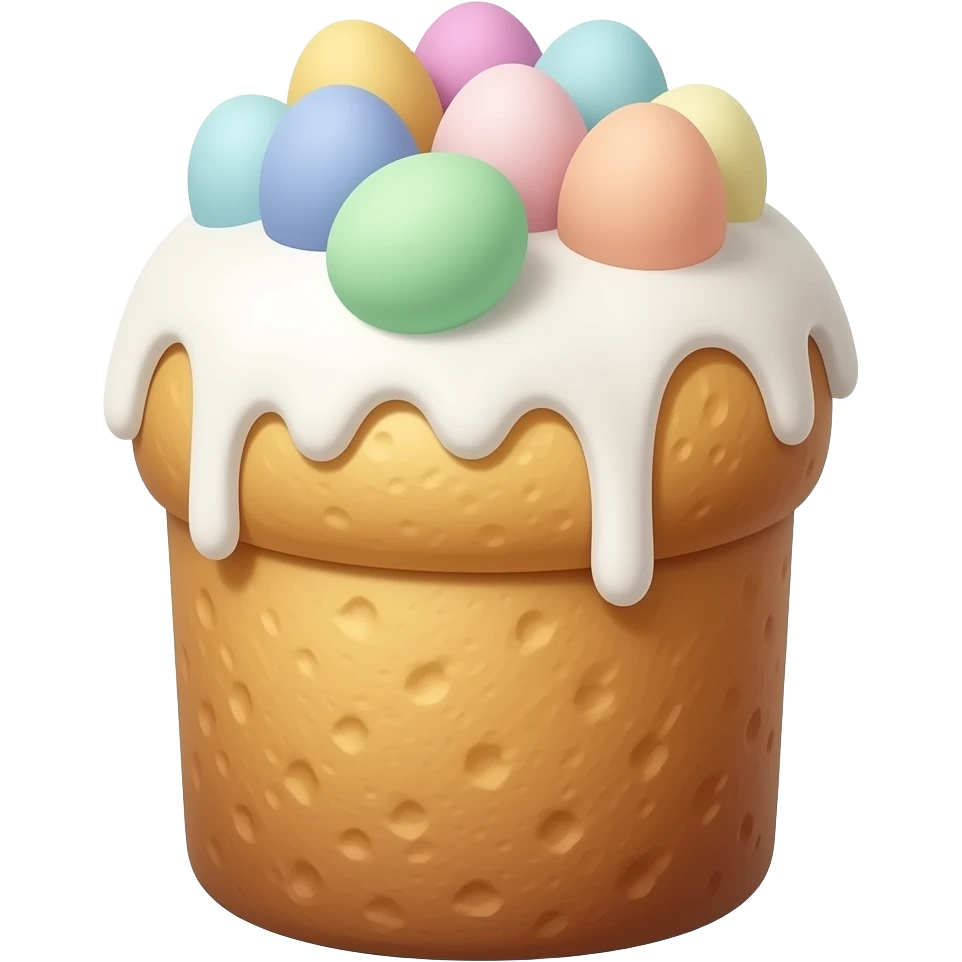 панеттоне золотистого цвета, высокий, с белой глазурью и украшением сверху  с очень мелкими  яичками пастельных тонов emoji