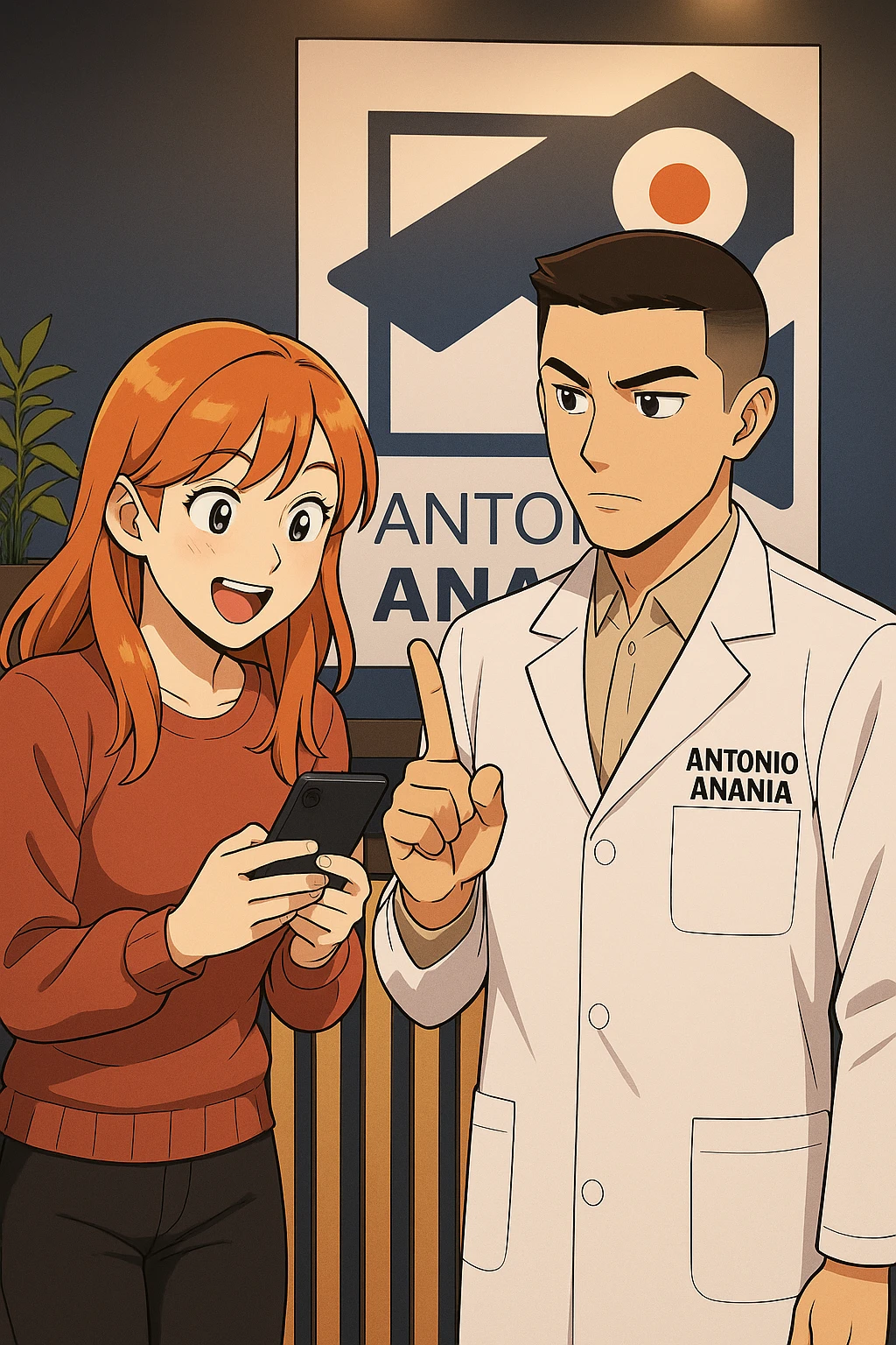 su questo stile fai un manga/webtoon a colori in cui una donna CONTROLLA ENTUSIASTA LO SMARTPHONE MENTRE PARLA CON L'UOMO, l'uomo della foto in stile manga LE DICE DI "NO" CON IL DITO, mantieni un ambiente simile alla foto che ho allegato con il suo logo (sarebbe il suo studio, lui è un kinesiologo), scrivigli "ANTONIO ANANIA" sul camice bianco, non mettere fumetti, ma fai in modo che sembri che la donna CONTROLLI LO SMARTPHONE E L'UOMO CON I GESTI LE FACCIA CAPIRE CHE STA SBAGLIANDO emoji