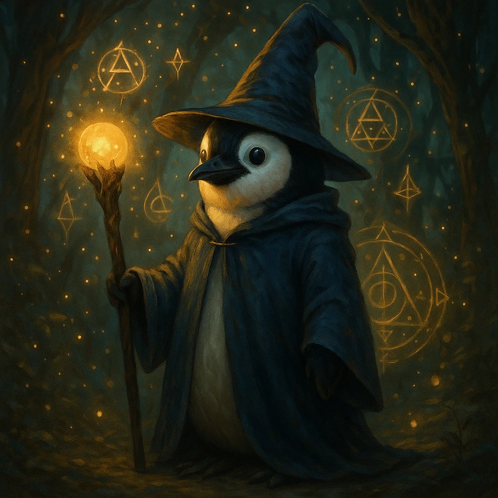 A penguin dressed as a wizard, wearing a pointed hat and holding a magic staff, in a magical setting. emoji