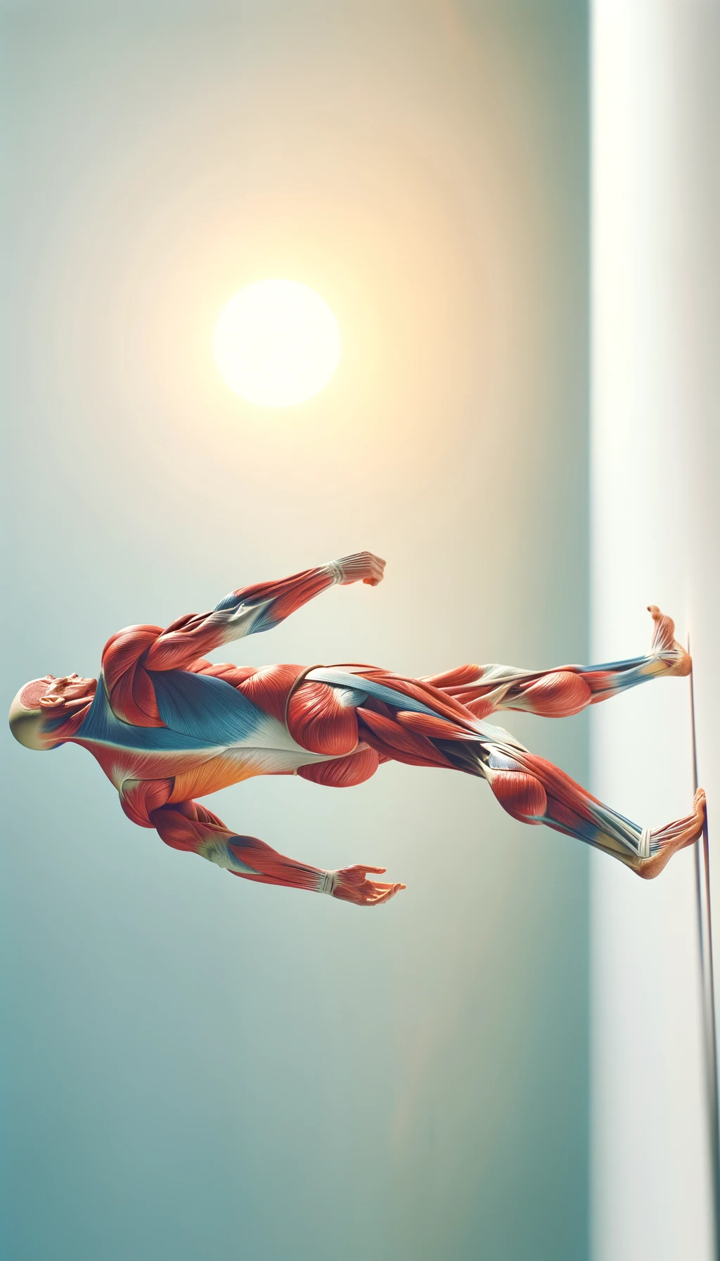 CORPO UMANO ANATOMICO IN PIEDI CHE CAMMINA DI FRONTE AL SOLE ESTIVO, COLORI REALISTICI DEI MUSCOLI, SFONDO CHIARO DEL CIELO, iperrealistico 4k emoji