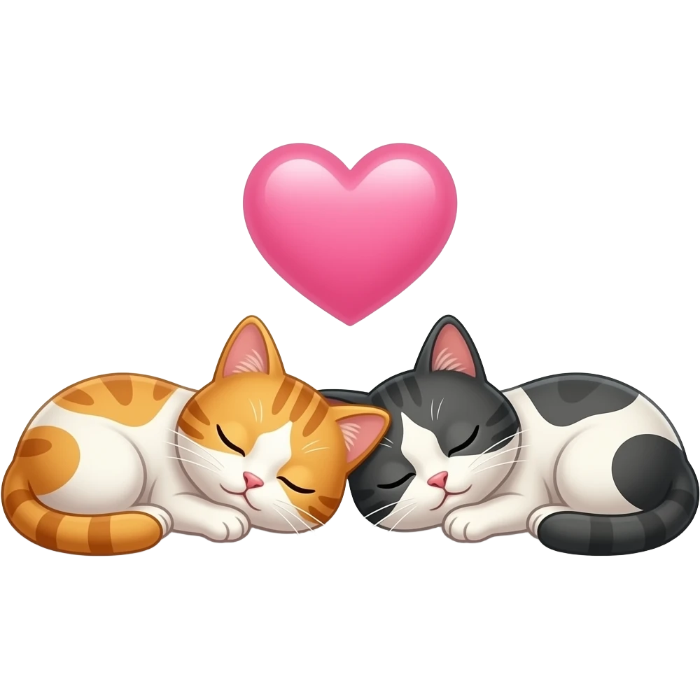 two cats sleeping next to each other with hearts emoji