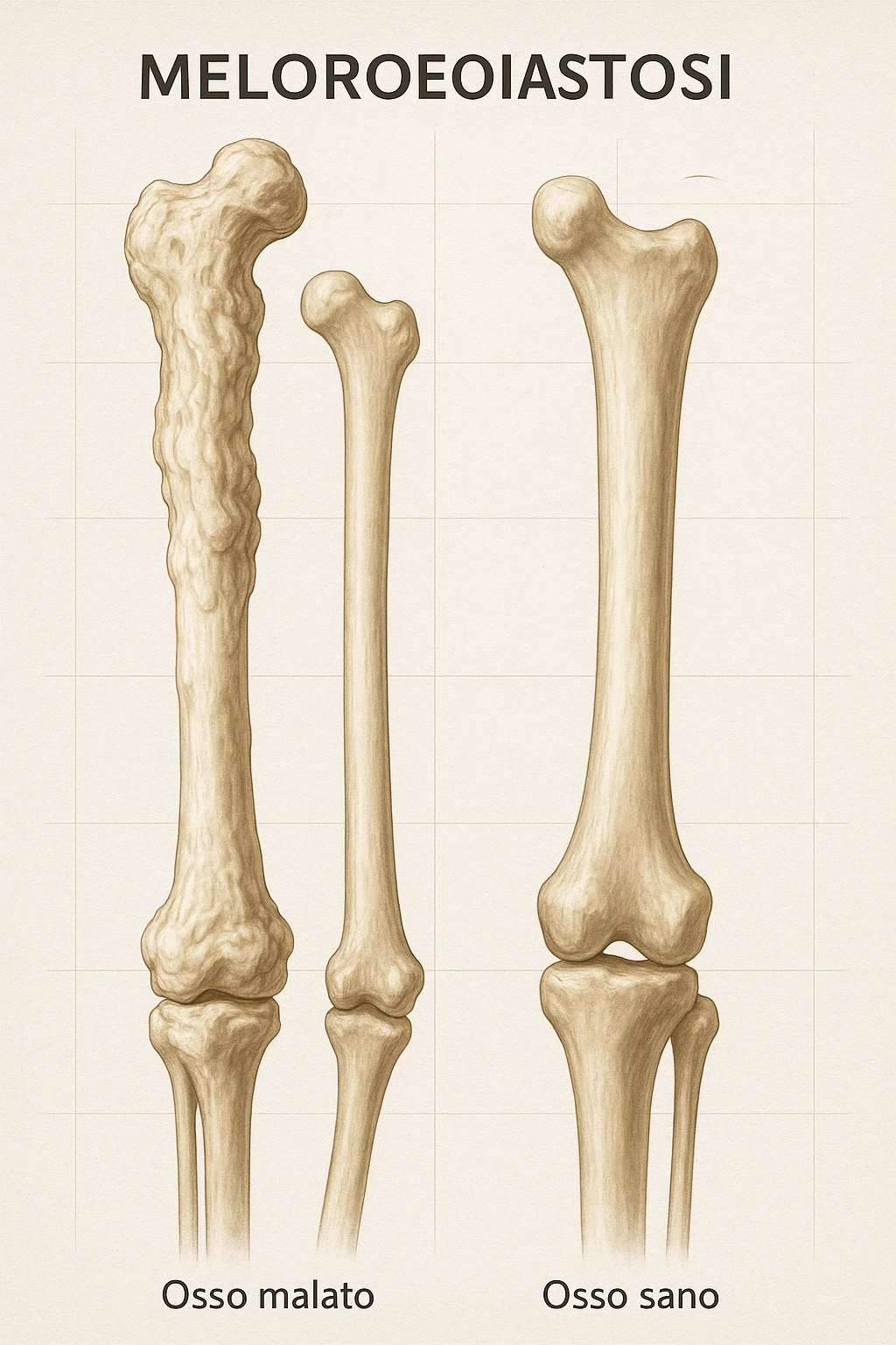 A highly realistic medical illustration focusing on a human arm and leg bones affected by melorheostosis. The bones appear visibly thickened, irregular, and larger than normal, with clear, layered bone growth resembling melted wax dripping down the side of the bones. The image shows a side-by-side comparison with a healthy bone for clarity, highlighting the difference in size and texture. The color palette includes neutral bone colors with subtle shading to show the abnormal contours and ridges. The background is clean and minimalistic, with faint anatomical grid lines for a scientific, educational feel. The overall mood is informative and precise, conveying the key visual characteristic of melorheostosis: progressive bone thickening that makes bones visibly larger and irregular. in italiano emoji