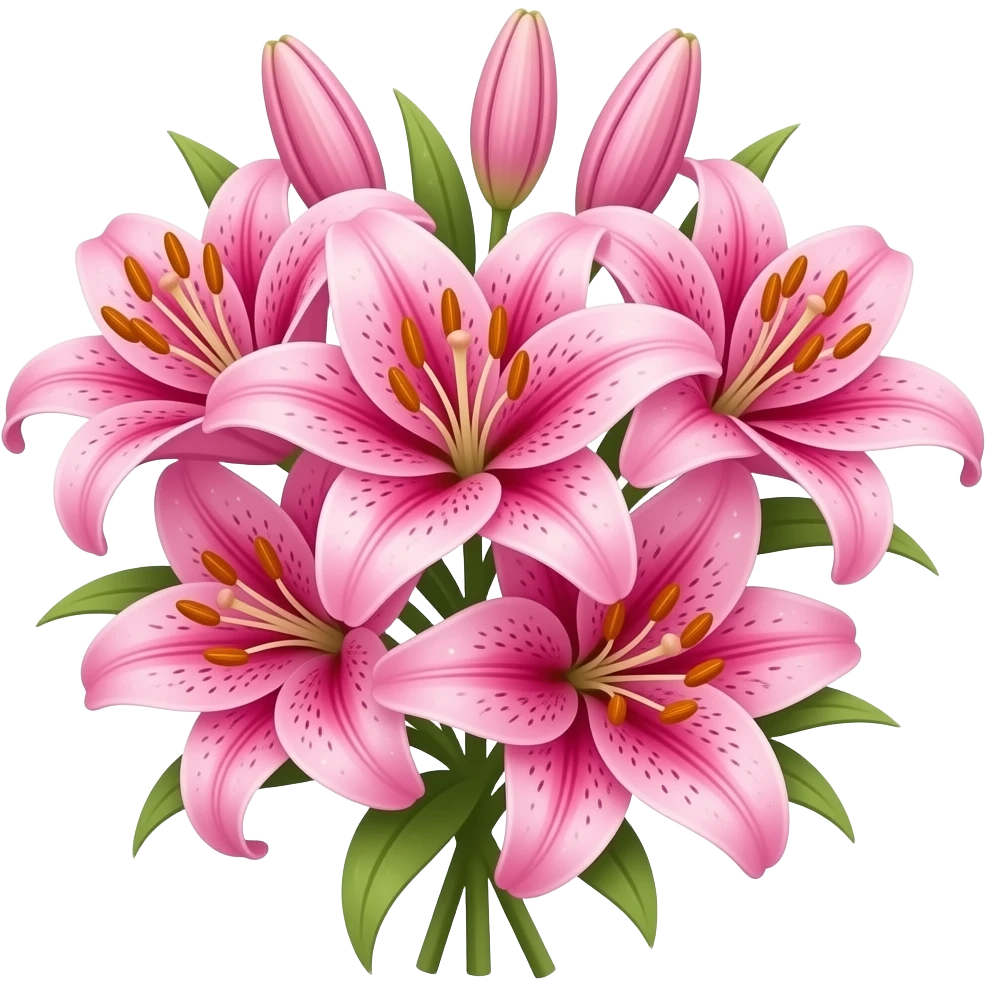 A cluster of vibrant pink lilies in full bloom, featuring prominent golden anthers and delicate speckled petals with iridescent sparkles. The image has a whimsical, retro aesthetic with a shimmering glitter overlay and a clean, transparent background emoji