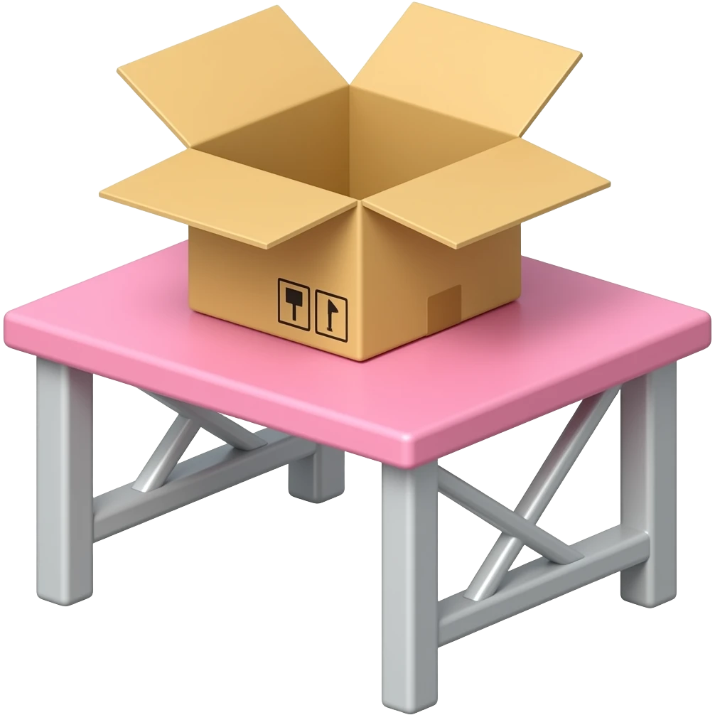 Pink warehouse table with open box on it emoji