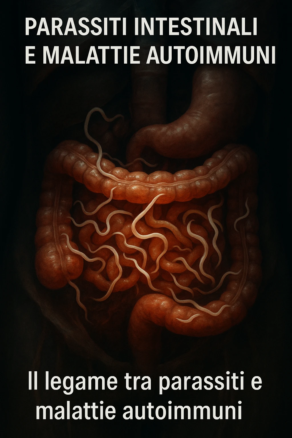 Vertical, realistic, and cinematic image in Italian focusing on intestinal parasites, highlighted affected organs, and captions in Italian explaining the link between parasites and autoimmune diseases. Dramatic clinical lighting, aspect ratio 2:3. emoji
