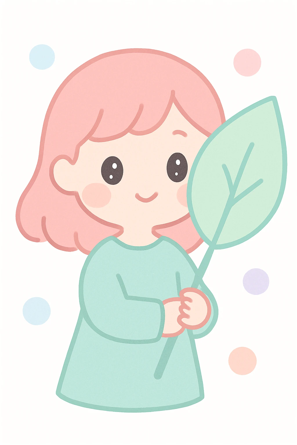 a girl holding a large leaf with a gentle expression, soft and tender mood emoji