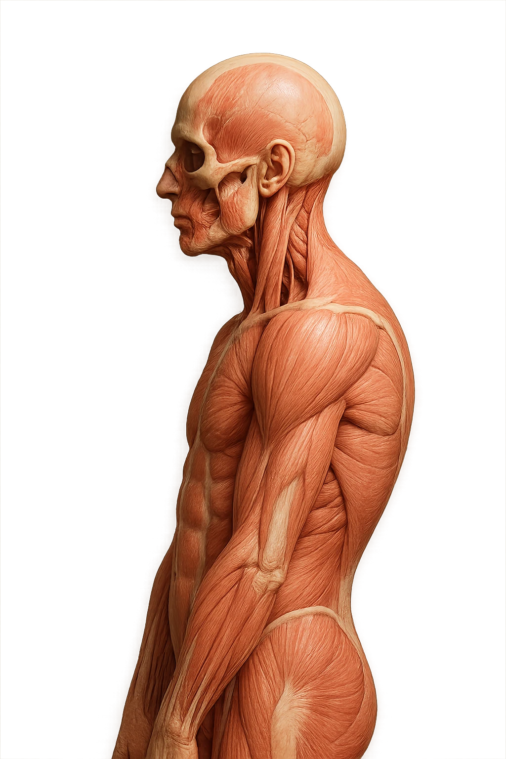 corpo UMANO ANATOMICO di profilo con spalle chiuse in avanti, postura errata, iperrealistico 4k emoji