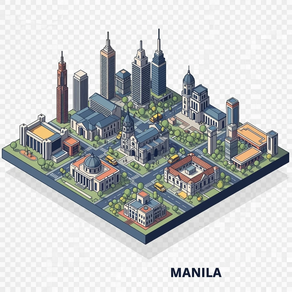 Isometric minimalistic illustration of Manila, subtle 3D miniature effect and Tilt Shift effect, no cartoonish look, transparent background. emoji