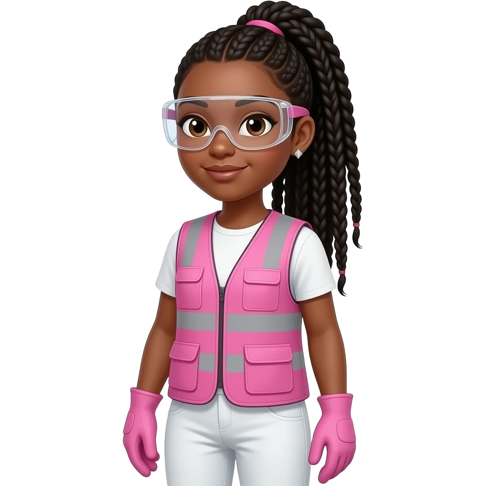African American woman with brown eyes with long black box braids in ponytail wearing diamond earrings wearing pink and clear safety glasses wearing a pink construction vest wearing white pans wearing pink construction vest wearing white pants wearing pink construction gloves emoji