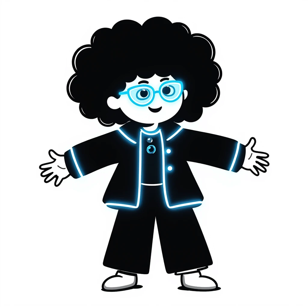 Cabbage Patch Kid dressed as Tron character with neon accessories, 80's retro sci-fi style emoji
