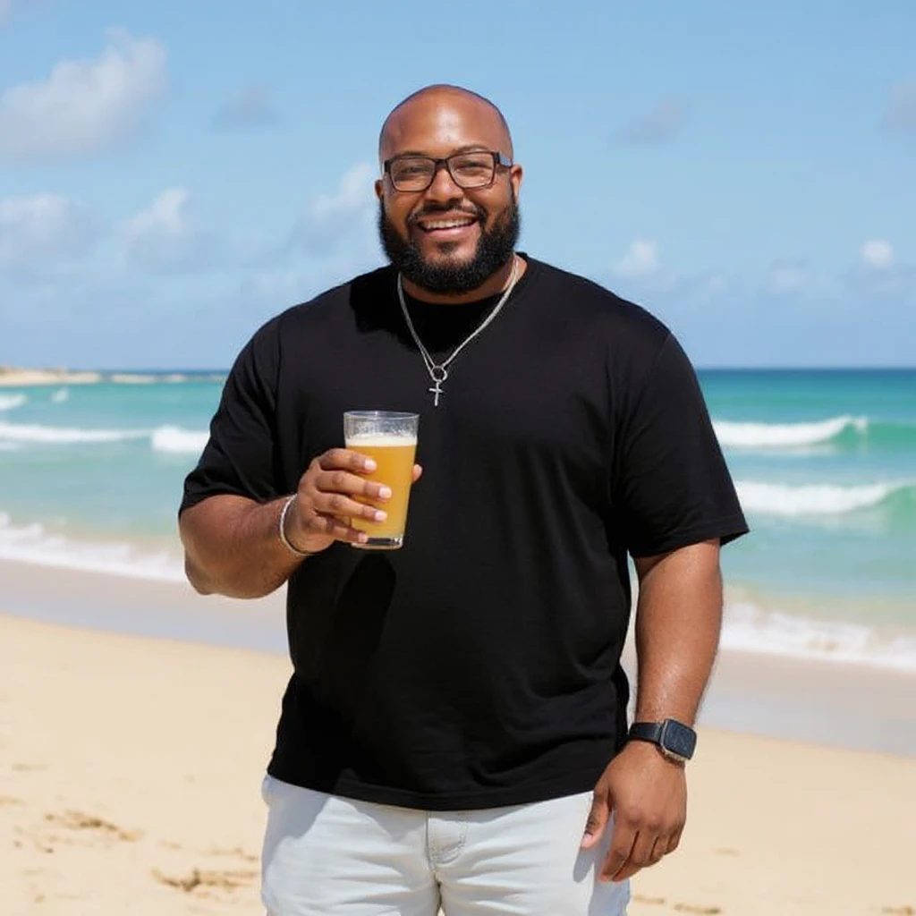 take this picture of a man and make it  beach photo with drink emoji