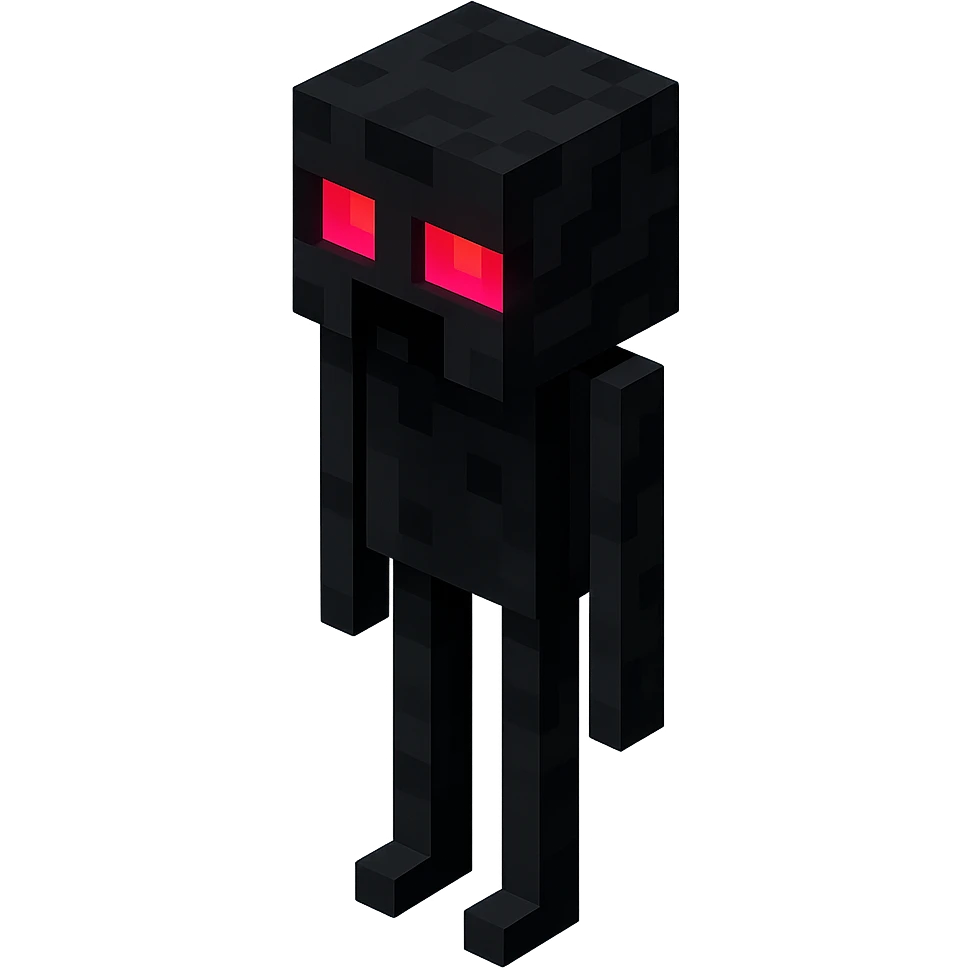 Minecraft Enderman, 3D blocky voxel style, tall and black with purple eyes, facing forward, horror style, menacing and scary expression with glowing red eyes emoji