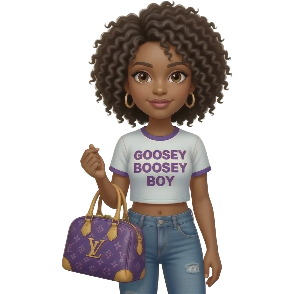 Very, very hyper, realistic, black girl wearing cute dark washed jeans, holding a purple Louis Vuitton bag has very very very extremely realistic Afroand is wearing a cropped top shirt that says GOOSEY BOOSEY BOY emoji