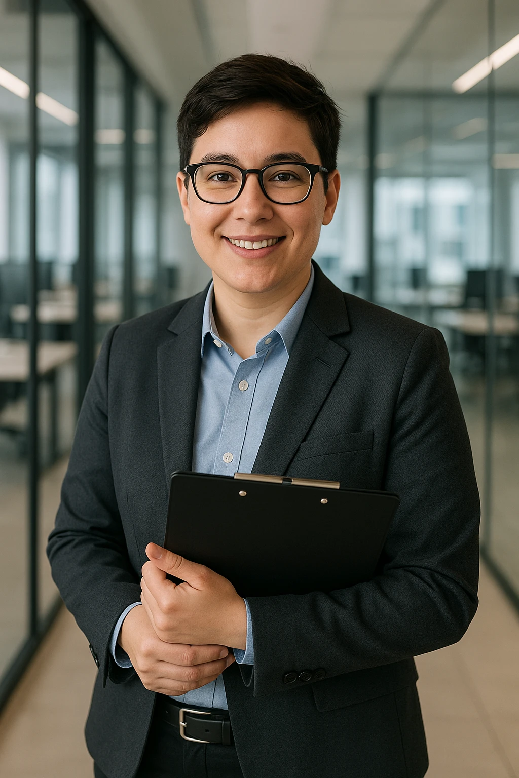 gender neutral marketer with glasses, professional attire, holding a clipboard, friendly expression, modern office background emoji