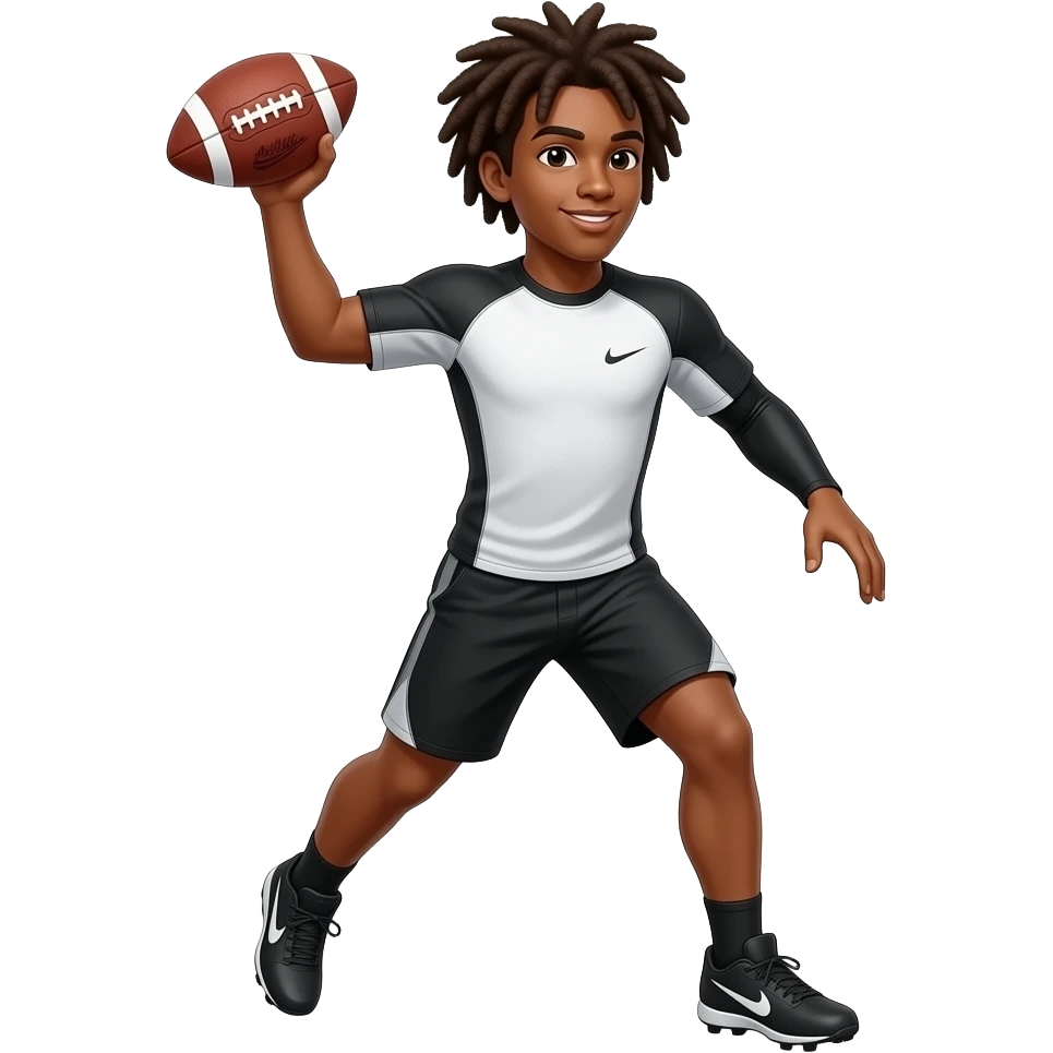 Brown skin teenager with dreads with black and white compression shirt #3 black shorts #3 Nike cleats with arm sleeve throwing football emoji