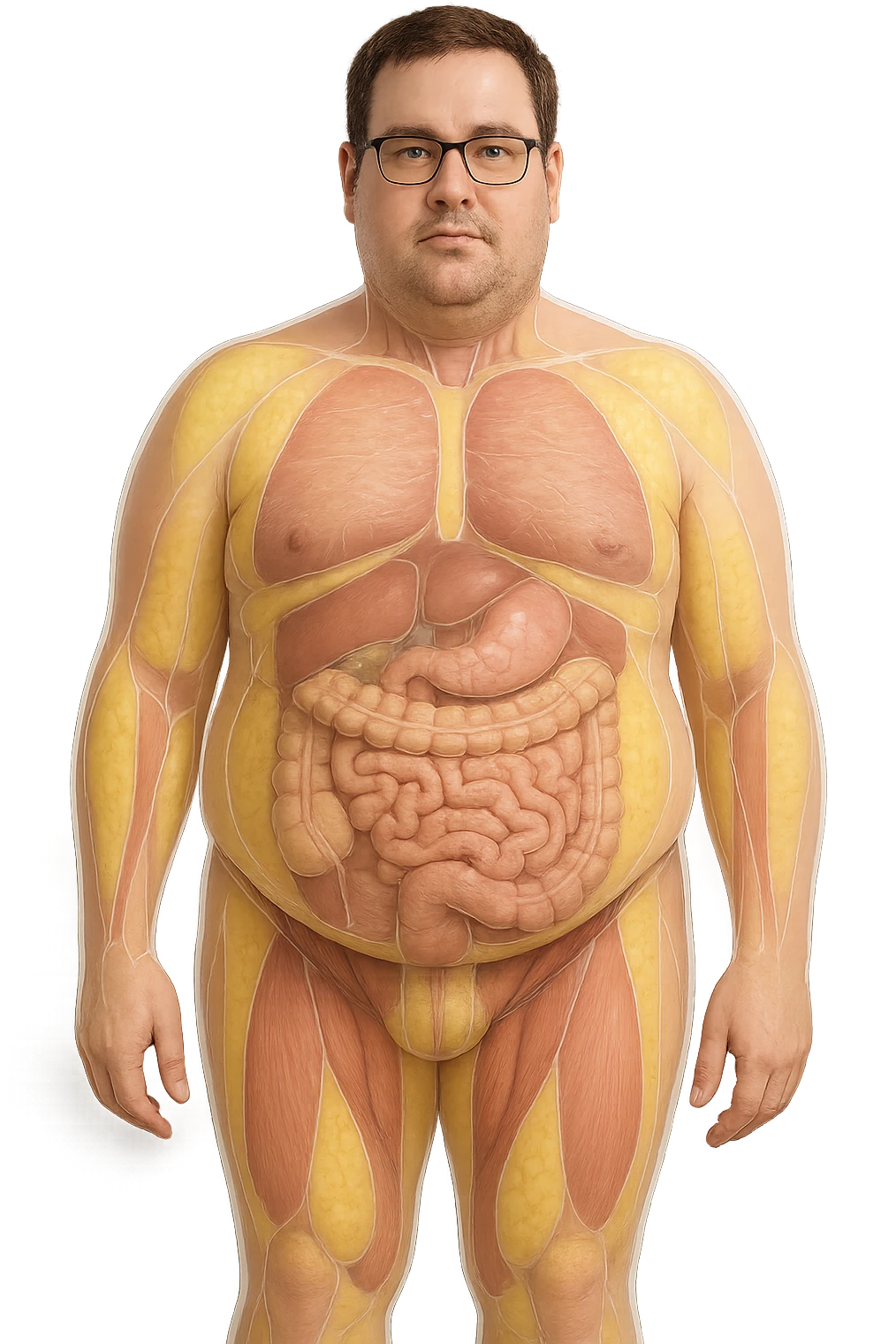 an adult man with a visibly overweight physique stands in a clinical setting. Semi-transparent overlays highlight areas of fat accumulation, especially around the abdomen, chest, and thighs. The fat tissue is shown in yellow, contrasting with underlying muscles and organs. The background is clean and modern, emphasizing the educational aspect. emoji