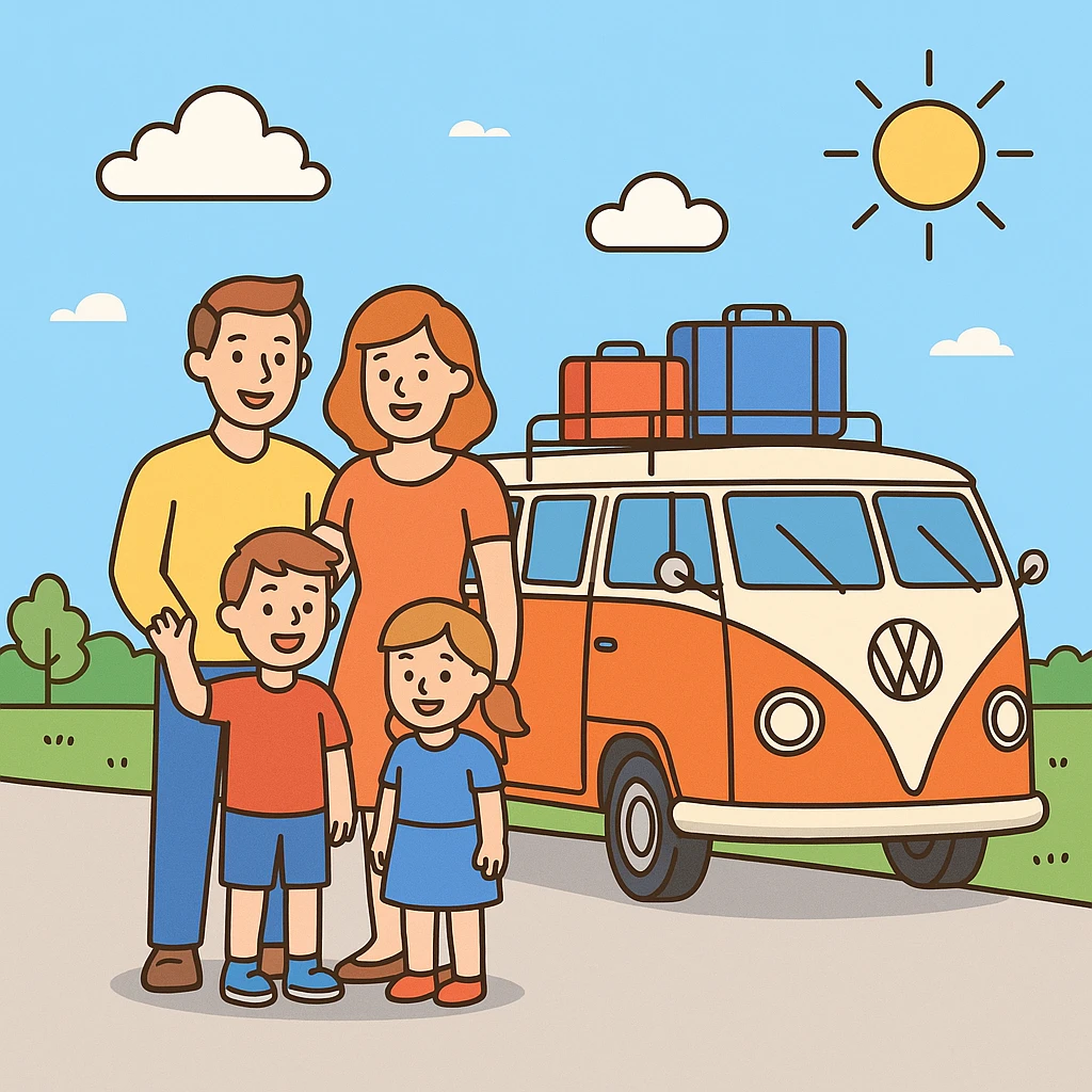 color vector art with thin outline of family on road trip with volkwagon van  emoji