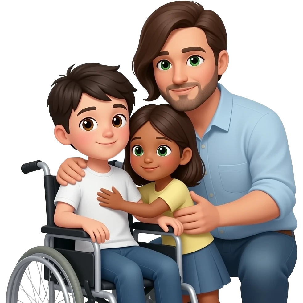 "Emoji WhatsApp Disney minimalista: chico 15 silla ruedas, piel blanca, pelo corto oscuro, ojos marrón; mamá aparte ojos verdes, pelo negro medio largo; papá aparte ojos marrón, pelo corto leve calvicie, barba mixta; niña 12 piel trigueña y niño 10 piel blanca; abrazo; fondo transparente." emoji