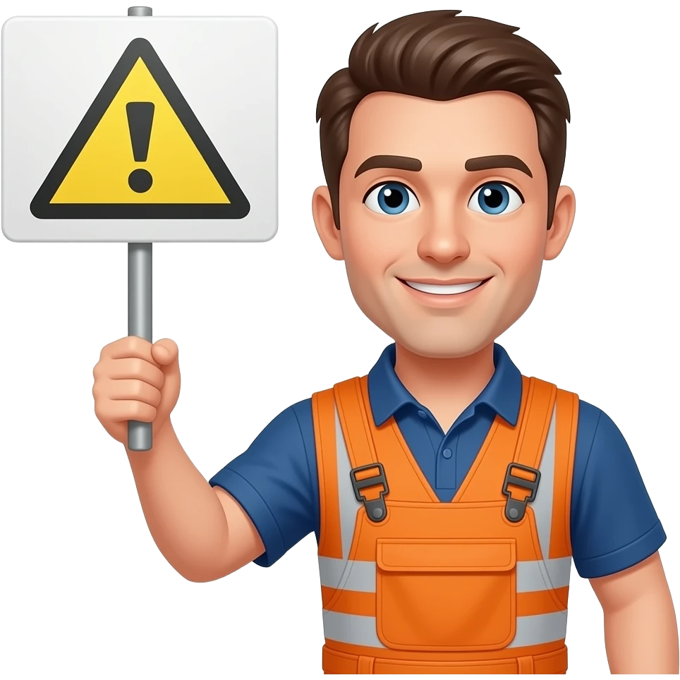 man in full orqange hi-vis overalls holding a sign emoji